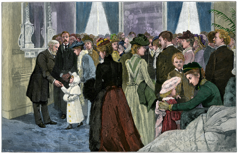 President Benjamin Harrison (1833-1901) meets American citizens at the White House (Washington, USA), 1892 - Colorisee engraving, 19th century - President Benjamin Harrison meeting citizens at the White House, 1892 - Hand-colored woodcut of a 19th-century illustration