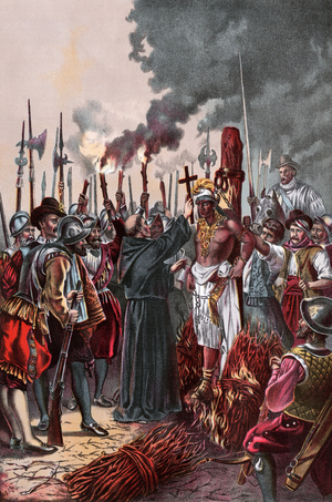 The execution of the last Inca Emperor Atahualpa (1500 or 1502-1533) by Francisco Pizarro (1476-1541), at the head of the army of Spanish conquistadors, who ordered to light the butcher (in reality, Atahualpa was executed in his cell in Cajamarca (Peru) in exchange for his religious conversion on 29 August 1533). Color lithography, 19th century.