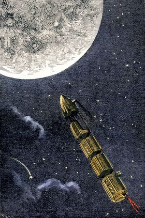 The rocket launched into space arriving at the moon - grav. in “From the Earth to the Moon” by Jules Verne, 1866. Engraving of the 19th century.