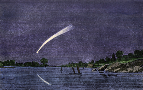 Passage of Comet Donati observed on September 30, 1858. Colour engraving after a 19th century illustration.