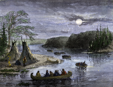 History of Indigenous Peoples: Canoes on the Ohio River traveling at night. Colourful engraving.