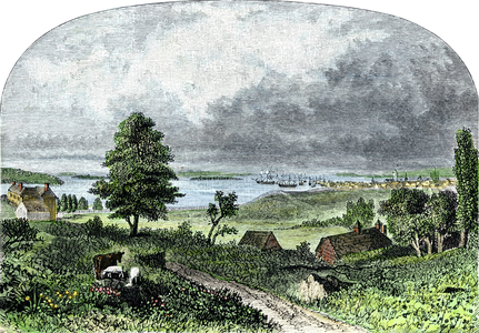 United States, New York: New York City, view from the top of Manhattan Island, late 18th century. Colour engraving of the 19th century
