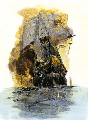 Secession War (1861-1865): The crew of American ship USS “Congress”” fleeing the burning ship that was attacked by The “Merrimac,”” iron-hull armour of the confederes. Colourful engraving of the 19th century.