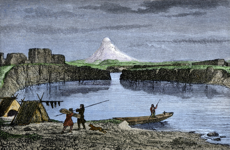 American fishing camp on the banks of the Columbia River. 19th century colour engraving.
