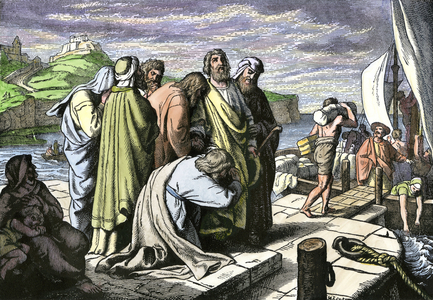 Biblical scene: Apotra Paul leave his friends to preach the Christian word in Asia Minor. 19th century coloring engraving.
