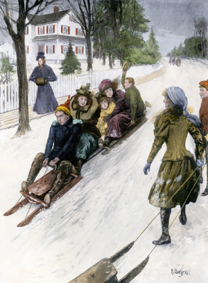 Winter Games: a family descend at full speed a snow-covered sledge street, New England (New England), United States, 19th century. Colourful engraving of the 19th century.