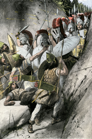 Ancient history: Battle of the Thermopyls in 480 BC opposing an alliance of the Greek cites to the Rouenid Empire. The Greeks under the rule of Leonidas, king of the Lacedemonians from -491 to -480 repels the Persian invasion at Thermopylae, 480 BC. Colourful engraving of the 19th century.