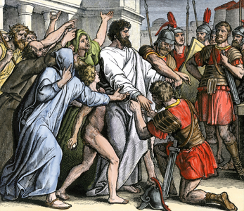 The arrest of Apostle Paul in Jerusalem, to be sent to prison in Caesarea, Israel. Colour engraving of the 19th century.