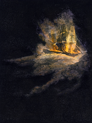 The burning ghost ship wandering on the seas, legendary cursed ship imagined by sailors - Colorisee engraving 19th century - Phantom burning ship imagined by sailors - Hand-colored engraving of a 19th-century illustration