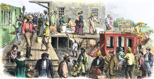 Passenger depot near a railway station in Texas, USA, 1870 years. Colour engraving of the 19th century.