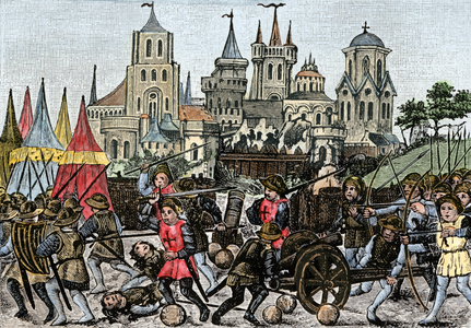 English artillery using cannons in a battle under the reign of King Henry VIII of England (1491-1547). Engraving of the 19th century English artillery in action during the reign of Henry VIII. Hand-colored woodcut of a 19th-century illustration