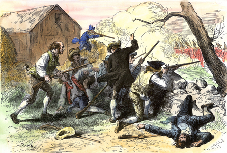 United States of America Independence War (1775-1783): Minutemen had the Battle of Lexington in 1775. Colouring engraving from an illustration by Darley, 19th century.