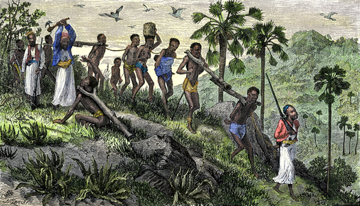 Owner of African slaves killing a prisoner too weak to continue walking. Colour engraving of the 19th century.