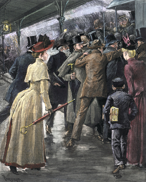 Crowd bustling to get on the train during a rush hour in the rain on the quay of a station in New York City, 1890. Colour engraving of the 19th century.