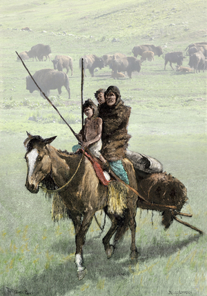 Indians of America: Indian family traveling on the back of a pony pulling a travois. Colour engraving on photography.