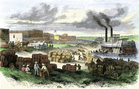 United States, Louisiana: Dockers loading barrels that the wharves of the Red River at Shreveport, Louisiana, years 1870. Colour engraving of the 19th century