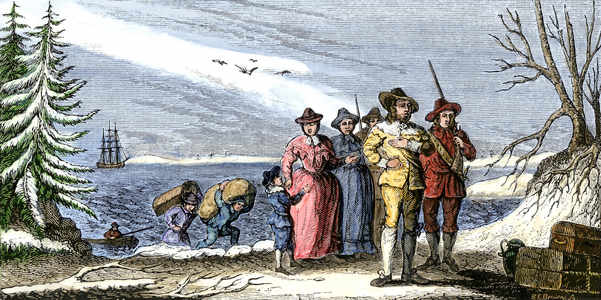 United States, Massachusetts: Pelerins debarquant in Plymouth, Massachusetts, 22 December 1620. 19th century colour engraving.