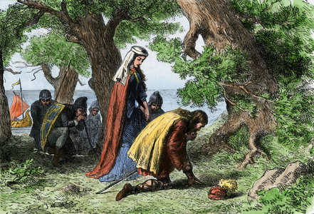 The Vikings discovering Vinland (east coast of North America), the Scandinavian settlers Thorfin and his wife Gudrida discovering the lands of the New World, along with five other couples to found a colony after 1002. Color lithography, 19th century.