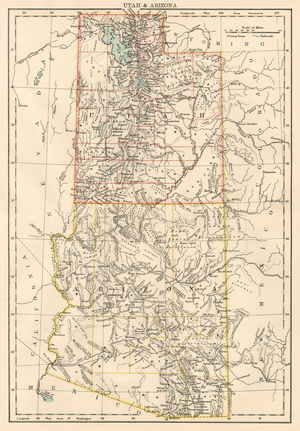 Map of the territories of Utah and Arizona (USA), circa 1870. 19th century lithography.