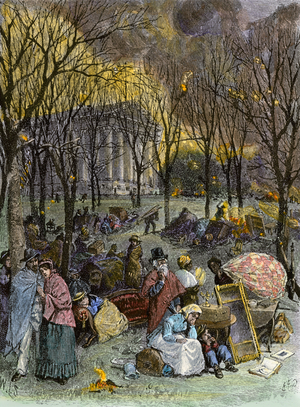 The Secession War or American Civil War, 1861-1865: Citizens regroups to Capitol Square during the fire of Richmond (Virginia, United States) by its own inhabitants of the Confederate Army, 1865. Colour engraving of the 19th century