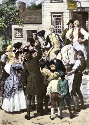 George Washington (1732-1799) on the road to Cambridge, Massachusetts to become commander of the American army, 1775. Colouring engraving of the 19th century.