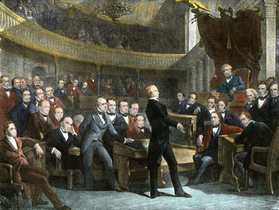 Henry Clay introduced the Great Compromise of 1850 at the Congress (Senat) to prevent the Secession War on 29 Jan. 1850: the South obtained the passage of the fugitive slaves law (18 September); in return, California was admitted to the Union (9 September). Colour engraving of the 19th century.