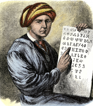 Native population of America: Indians. Sequoyah (George Guess, Guest or Gist, 1767-1843), Cherokee goldbee inventor of the Cherokee alphabet he holds in his hand. Colour engraving of the 19th century.