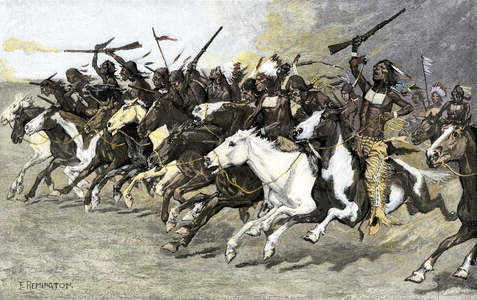 History of Indigenous Peoples: Sioux Warriors loading on horseback to the sun. Colourful engraving after an illustration by Frederic Remington.