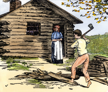 Abraham Lincoln (1809-1865) child cutting wood for his mother at the door of the small wooden house. Colourful engraving of the 19th century.