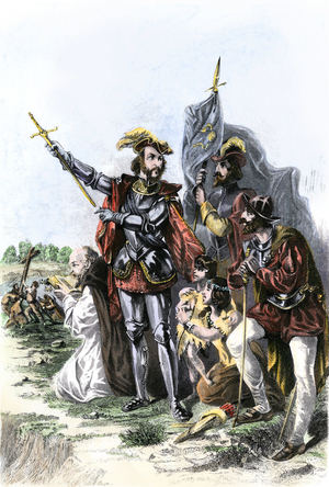 Conquest of the New World: Spanish Hernando de Soto discovered the Mississippi in 1540. English explorer Hernando De Soto discovering the Mississippi River, 1540, with Native Americans.