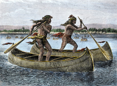 History of Indigenous Peoples: Native Americans racing in canoe. Colourful engraving of the 19th century.