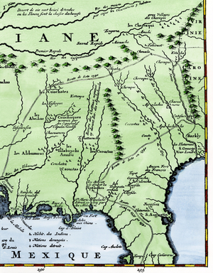 Description of the eastern part of the itinerary of Hernando De Soto (1500-1542, Spanish conquistador and explorer) through the south east of North America, illustration 1593. Color lithography, 19th century.