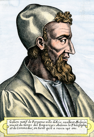 Portrait of Claude Galien (Klaudios Galenos or Claudio Galeno or Claudius Galenus or Galen, v. 131 - v. 201), Greek doctor. Lithograph from 19th century illustration.