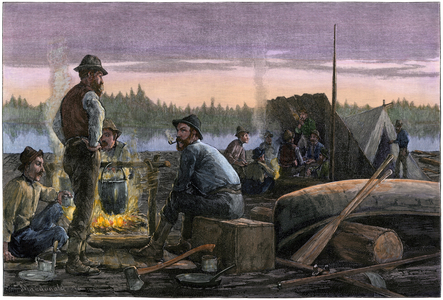 Loggers camping on a lumber raft on a river in the north woods, circa 1880 - Colourful engraving of a 19th century illustration - (Loggers camping on a lumber raft on a river in the north woods, 1880s. Hand-colored woodcut of a 19th-century illustration)