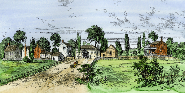 Village of Appomattox Court House, Virginia, USA, circa 1850. Colour engraving of the 19th century.