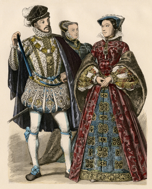 Mary I Queen of Scotland (Mary Stuart) with her second husband Henry Stuart dit Lord Darnley (1445-1567), 1566 - Mary, Queen of Scots, with her second husband Lord Darnley, 1566. Antique hand-colored print