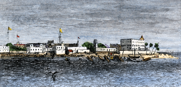 View of the Port of Zanzibar in Africa around 1880.