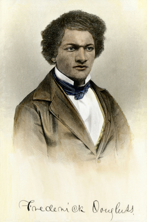 Struggle for the abolition of slavery and revolt of American slaves: portrait of Frederick Douglass (1818-1895) called “the wise man of anacostia” and “the lion of anacostia”, American abolistionist. Here young with signature. Colourful engraving of the 19th century.