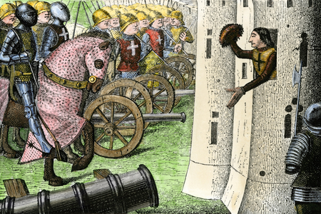 Hundred Years War (1337-1453): the capture of Alencon (France) in the English by the Duke of Alencon (John I de Valois, dit le sage, 1385-1415), around 1400, scene of siege of the fortified city by knights and cannons. Coloured water, 19th century.
