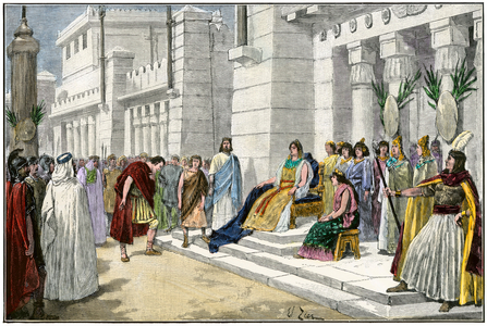 Greek and Roman mythology: Didon (or Elisha or Elissa), legendary founder and first queen of Carthage (Tunisia), receives Enee, the heros of the Trojan War and founder of Lavinium, originally from Rome (Italy) - Colorisee engraving 19th century - Dido, founder of Carthage, receiving Aeneas, a hero of the Trojan Wars - Hand-colored woodcut reproduction of a 19th-century illustration