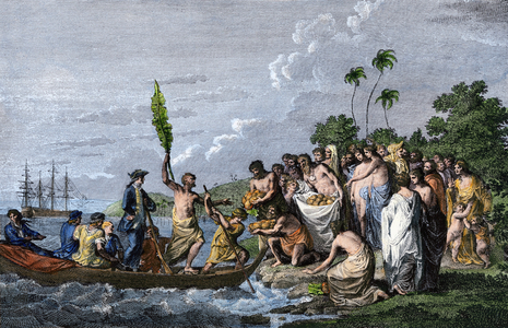 The debarkment of Captain James Cook (1728-1779, British explorer) on an island in the South Pacific (Polynesia), around 1770: the warm welcome of the natives of the kingdom of Tonga who bring fruit baskets. Color lithography, 19th century.