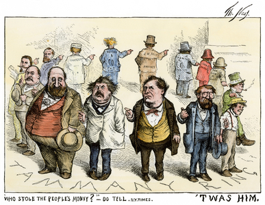 Cartoon on the Tammany Hall financial scandal (a patronage institution in Manhattan, New York that helped newly arrived immigrants) and the corruption of American politician Boss Tweed (1823-1878): “Who stole the people's money? Twas him””” (Who steals people's money? That's him), 1871. Colour engraving by Thomas Nast