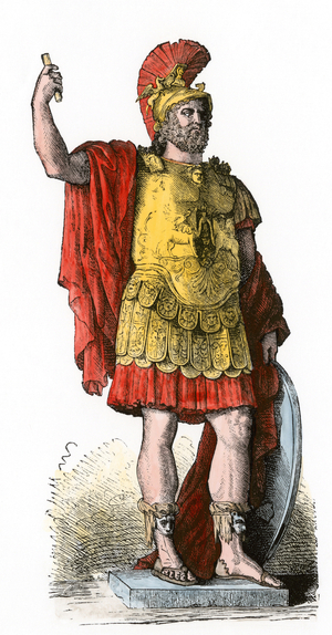 Portrait of Pyrrhus I (or Pyrrhos, circa 318-272 BC) king of Epire from 306 to 272 BC, in Roman general uniform. Lithograph from 19th century illustration.
