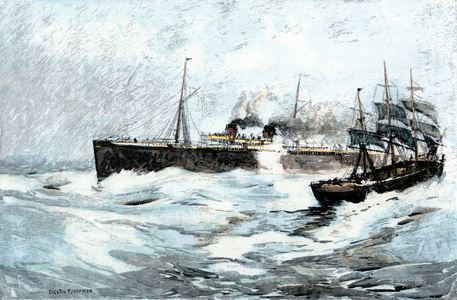 The White Star liner, the Majestic, on a rough sea voyage around 1890. Illustration by Carlton Theodore Chapman (1860-1925). 19th century lithography.