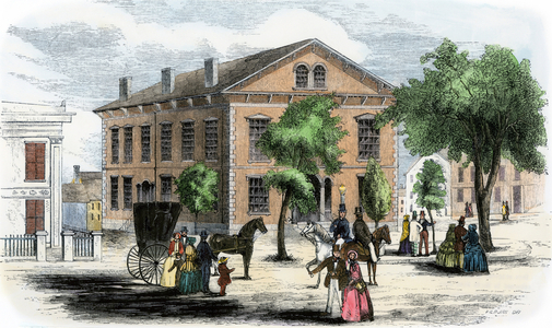 The town hall of Newburyport (Massachusetts, USA), circa 1850. with urban animation, pegs and hitch. 19th century lithography.