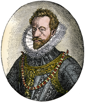 Portrait of Alessandro (Alexander) Farnese (1545-1592), Duke of Parma, Condottiere and Governor of the Spanish Netherlands. He's got the Order of the Golden Fleece necklace. Lithograph from 19th century illustration.