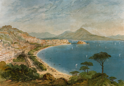 The Bay of Naples (Italy) around 1800, with the volcano of Vesuve in the background. Color lithography, 19th century, drawing by Samuel Read (?).