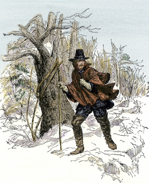 United States, Rhode Island State: Exile of Roger Williams from Massachusetts Colony to Rhode Island, 1635. Colour engraving of the 19th century.