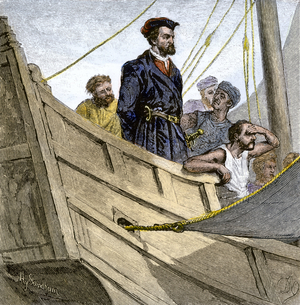 The French explorer Jacques Cartier (1491-1557) aboard his ship arrived in sight of Canada. Engraving. Jacques Cartier aboard ship arriving in French colonial Canada, 1500s.