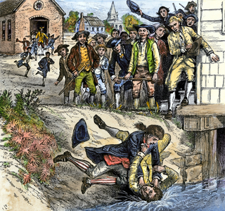 Fighting of angry Protestants during the Shays revolt (Shays' Rebellion): a weapon lift that took place in western Massachusetts from August 1786 to February 1787. The rebels, led by Daniel Shays and known as Shaysites or Regulators, were small farmers revolted by debt and increased taxes. Colourful engraving of the 19th century.